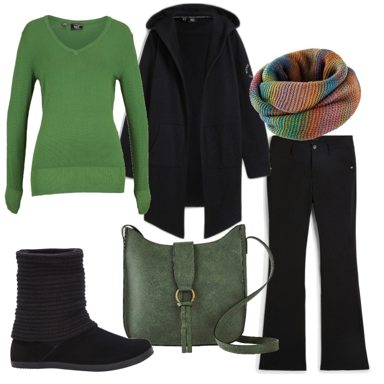 Outfit donna - In ritardo. Stile Basic per Tutti i giorni. Abbinamento con blazer, pantaloni, foulard, stivali, maglieria, borse a tracolla.