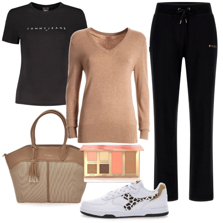 Outfit donna - Look pratico sbrigativo. Stile Basic per Tutti i giorni. Abbinamento con blush, maglieria, pantaloni, sneakers, t-shirt, borse a spalla.