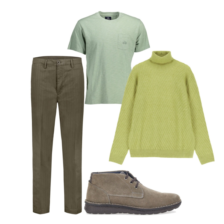 Outfit uomo - Verde fluo ad ottobre. Stile Casual per Tutti i giorni. Abbinamento con maglieria, pantaloni, scarpe stringate, t-shirt.