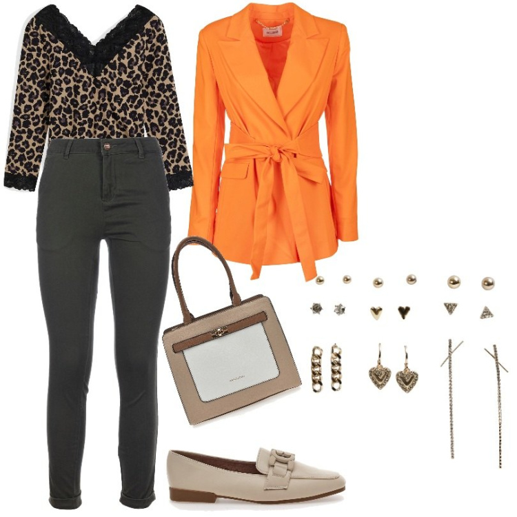 Outfit donna - Total look #1981900. Stile Casual per Tutti i giorni. Abbinamento con maglieria, orecchini, pantaloni, blazer, mocassini, borse a spalla.
