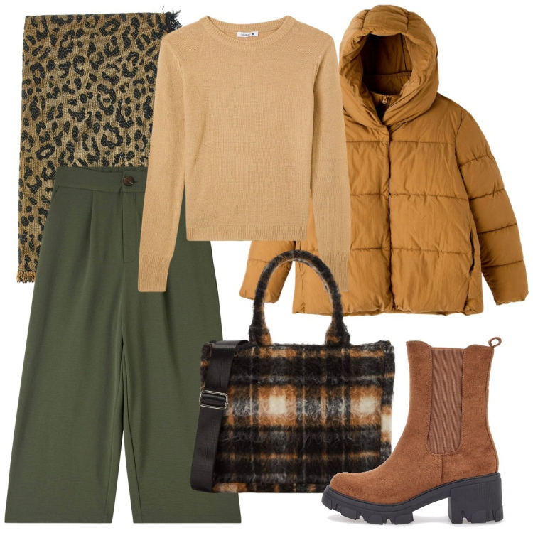 Outfit donna - Confortevole. Stile Casual chic per Tutti i giorni. Abbinamento con pantaloni a palazzo, piumini, shopping bag, maglieria, stivaletti chelsea, sciarpe.