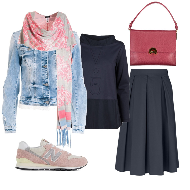Outfit donna - Total look #1981902. Stile Romantica per Tutti i giorni. Abbinamento con sneakers, giacche, stole, gonne longuette, t-shirt, borse a spalla.
