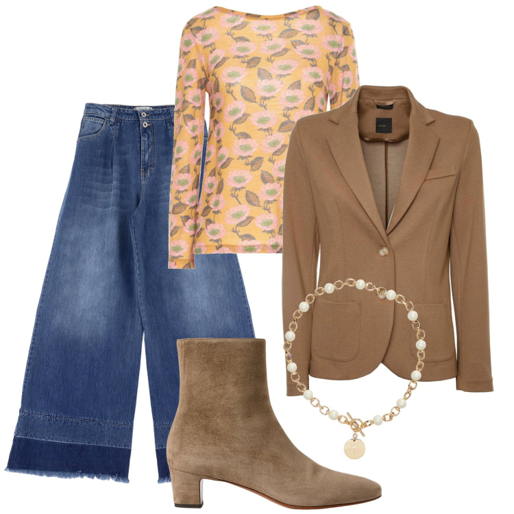 Outfit donna - Pantapalazzo in denim. Stile Trendy per Tutti i giorni. Abbinamento con pullovers, jeans, collane, stivaletti, blazer.