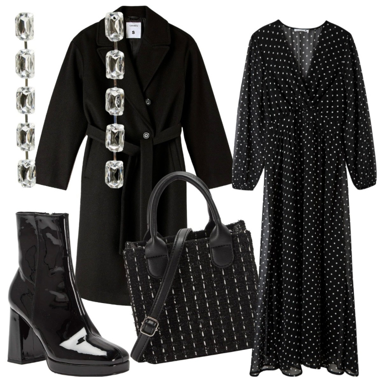 Outfit donna - Elegante e disinvolta. Stile Chic per Serata fuori. Abbinamento con vestiti lunghi, orecchini, shopping bag, stivaletti, cappotti.