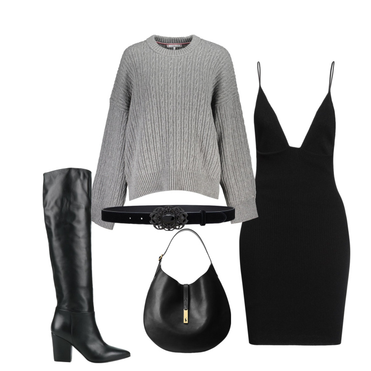 Outfit donna - Autumn in black. Stile Casual chic per Serata fuori. Abbinamento con stivali, vestiti corti, borse a spalla, cinture, maglieria.