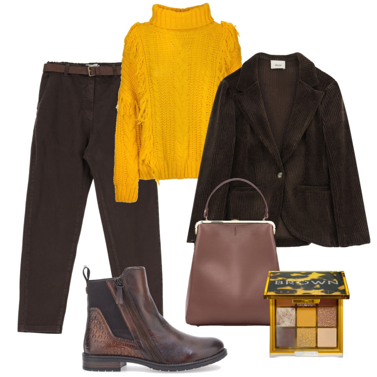 Outfit donna - Ocra e caffè. Stile Casual per Tutti i giorni. Abbinamento con ombretti, pantaloni, maglieria, blazer, borse a spalla, stivaletti chelsea.