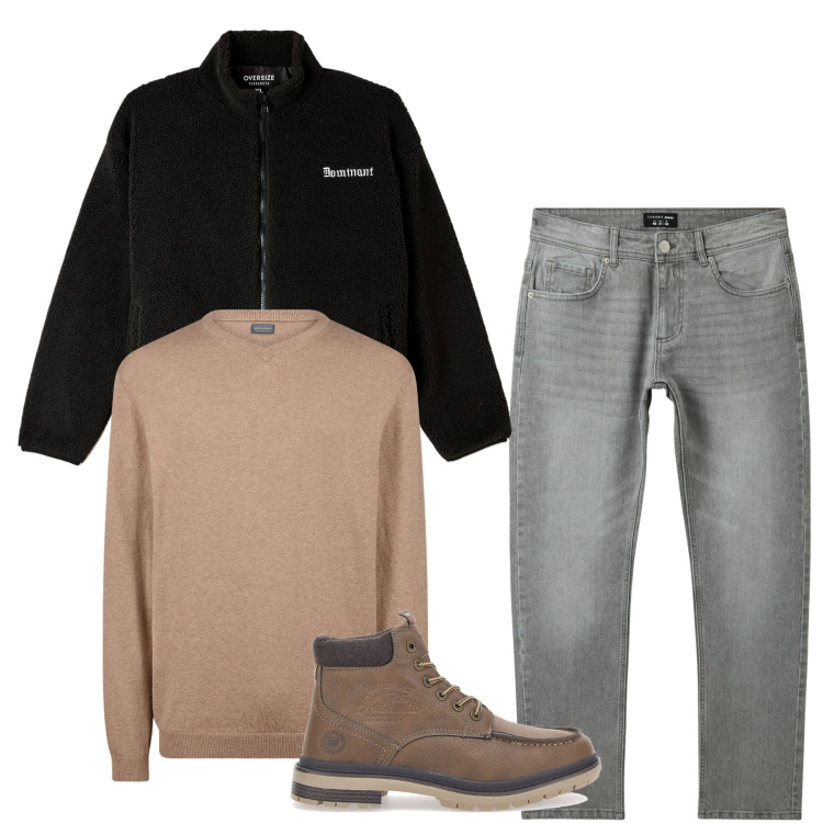 Outfit uomo - Beige e grigio. Stile Casual per Tutti i giorni. Abbinamento con felpe, jeans, stivali e stivaletti, maglieria.