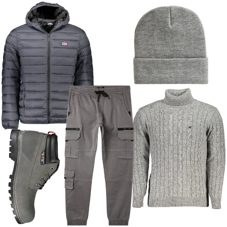 Outfit uomo - Sotto la pioggia. Stile Casual per Tutti i giorni. Abbinamento con pantaloni cargo, berretti, maglieria, giacche, stivali.