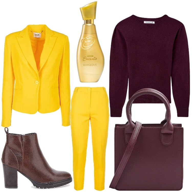 Outfit donna - Mood autunnale. Stile Casual chic per Ufficio. Abbinamento con profumi, maglieria, shopping bag, blazer, pantaloni, stivaletti.