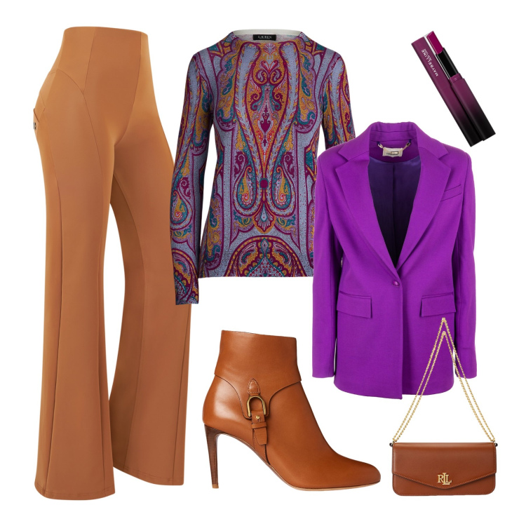 Outfit donna - Ocra e viola. Stile Glamour per Tutti i giorni. Abbinamento con rossetti, blazer, pantaloni, maglieria, borse a spalla, stivaletti.