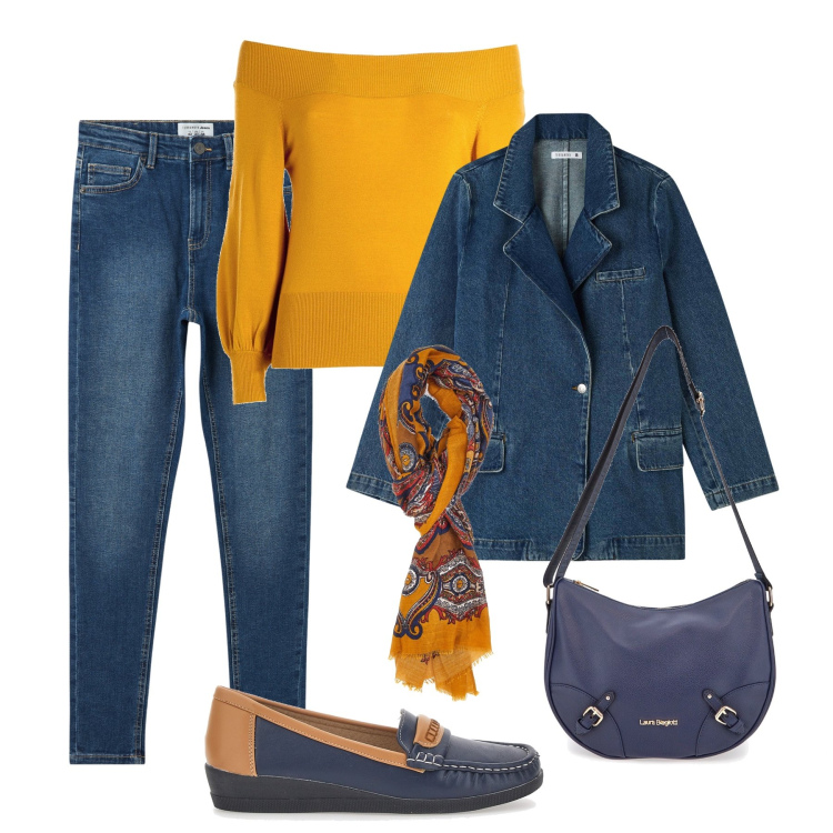 Outfit donna - Denim e ocra. Stile Trendy per Tutti i giorni. Abbinamento con blazer, jeans skinny, maglieria, borse a tracolla, sciarpe, mocassini.