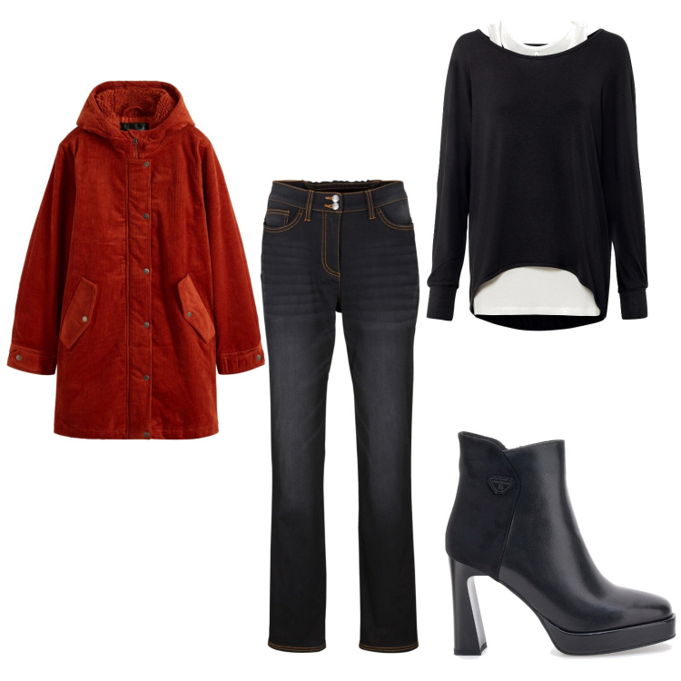 Outfit donna - Tocco rosso. Abbinamento con parka, jeans dritti, top, stivaletti.