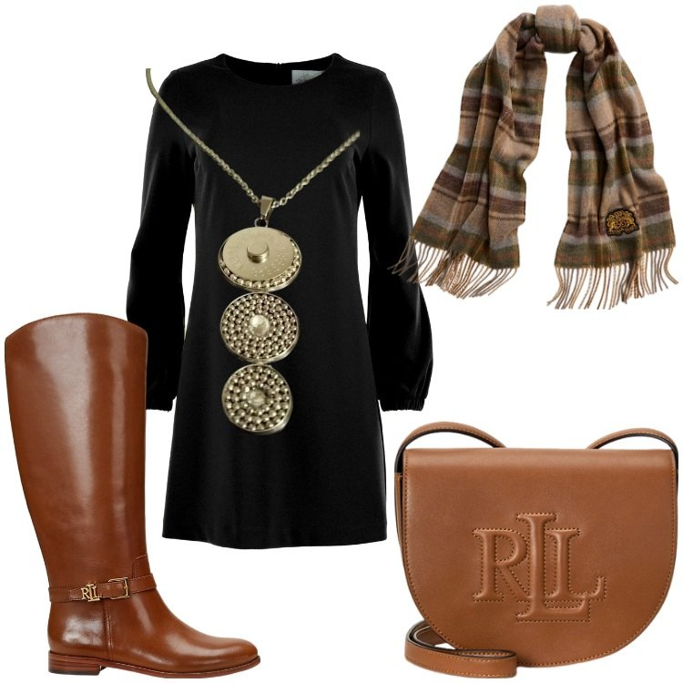 Outfit donna - Vestito, stivali e gioielli. Stile Casual chic per Ufficio. Abbinamento con borse a tracolla, stivali, sciarpe, vestiti midi/longuette, collane.