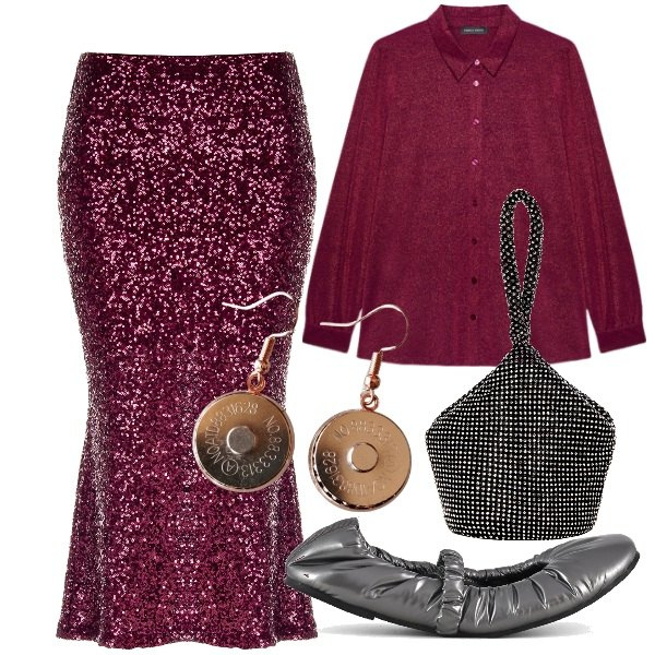 Outfit donna - Total look #1981931. Stile Glamour per Serata fuori. Abbinamento con gonne longuette, pochette, ballerine, camicie, orecchini.