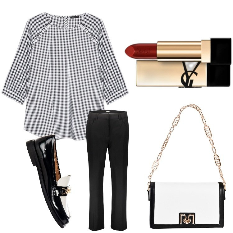 Outfit donna - Quadretti in bianco e nero. Stile Casual chic per Ufficio. Abbinamento con rossetti, mocassini, borse a tracolla, pantaloni, bluse.