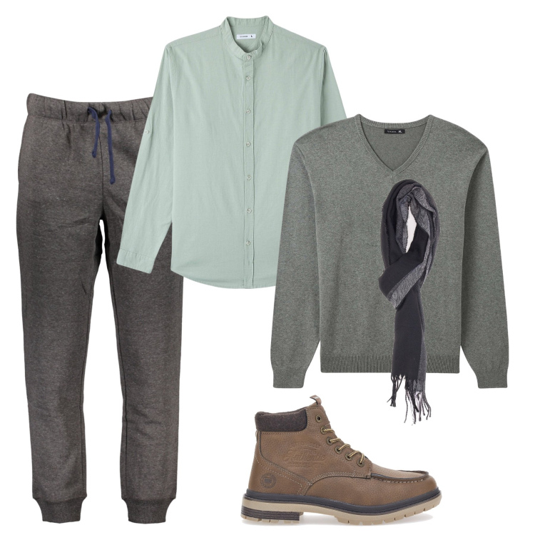 Outfit uomo - Sportivo in verde. Stile Urban per Tutti i giorni. Abbinamento con camicie, maglieria, sciarpe, stivali e stivaletti, pantaloni.