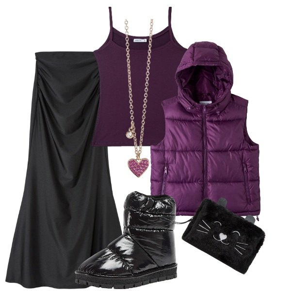 Outfit donna - Total look #1981938. Stile Glamour per Serata fuori. Abbinamento con gonne lunghe, piumini, valigie, stivali da neve, top, collane.