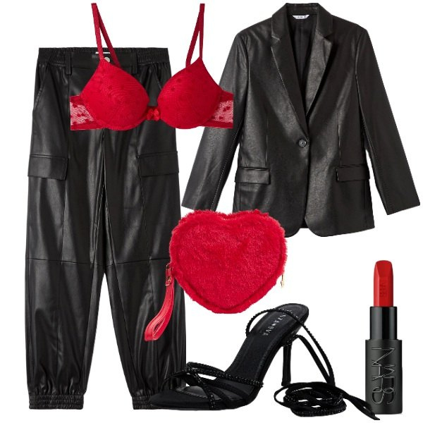 Outfit donna - Total look #1981940. Stile Glamour per Serata fuori. Abbinamento con rossetti, blazer, pantaloni cargo, sandali alla schiava, reggiseni push-up, portafogli.