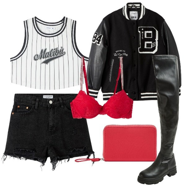 Outfit donna - Total look #1981942. Stile Preppy per Serata fuori. Abbinamento con canottiere, shorts, portafogli, bomber, reggiseni a balconcino, stivali.