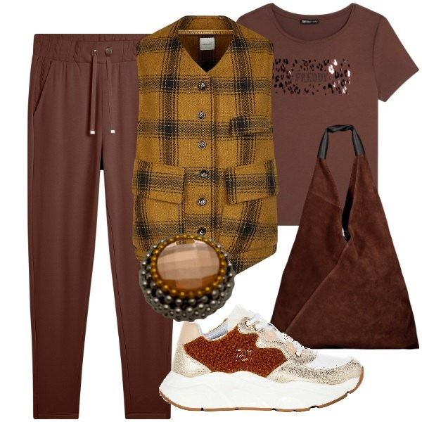 Outfit donna - Total look #1981946. Stile Casual per Tutti i giorni. Abbinamento con sneakers, pantaloni, t-shirt, gilet, borse a spalla, anelli.