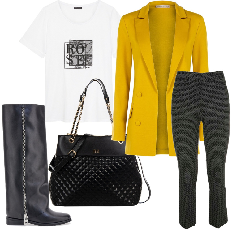 Outfit donna - Ocra e stivali. Stile Basic per Serata fuori. Abbinamento con shopping bag, blazer, stivali, pantaloni, t-shirt.