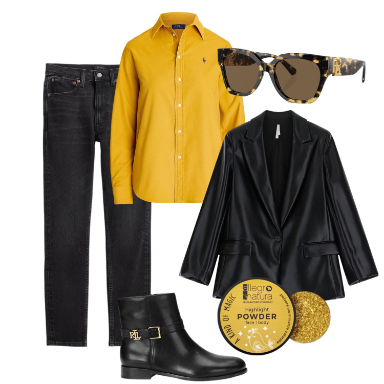 Outfit donna - La camicia in velluto ocra. Stile Sporty chic per Tutti i giorni. Abbinamento con ciprie, blazer, occhiali da sole, stivaletti, camicie, jeans slim fit.