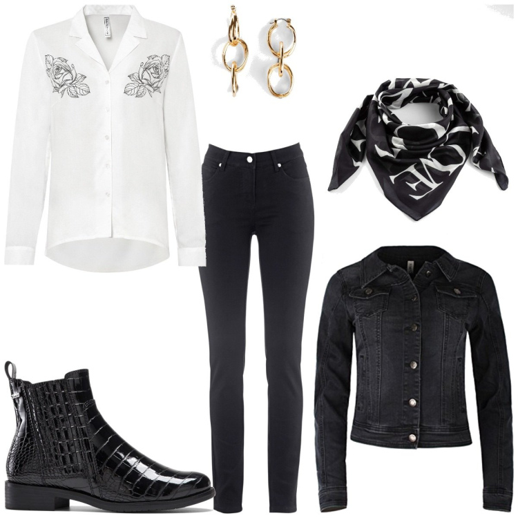 Outfit femme - Mon foulard look rock au travail. Style Rock pour Bureau. Assortir avec bottines, chemisiers, jeans, foulards, boucles d'oreilles, blazers.