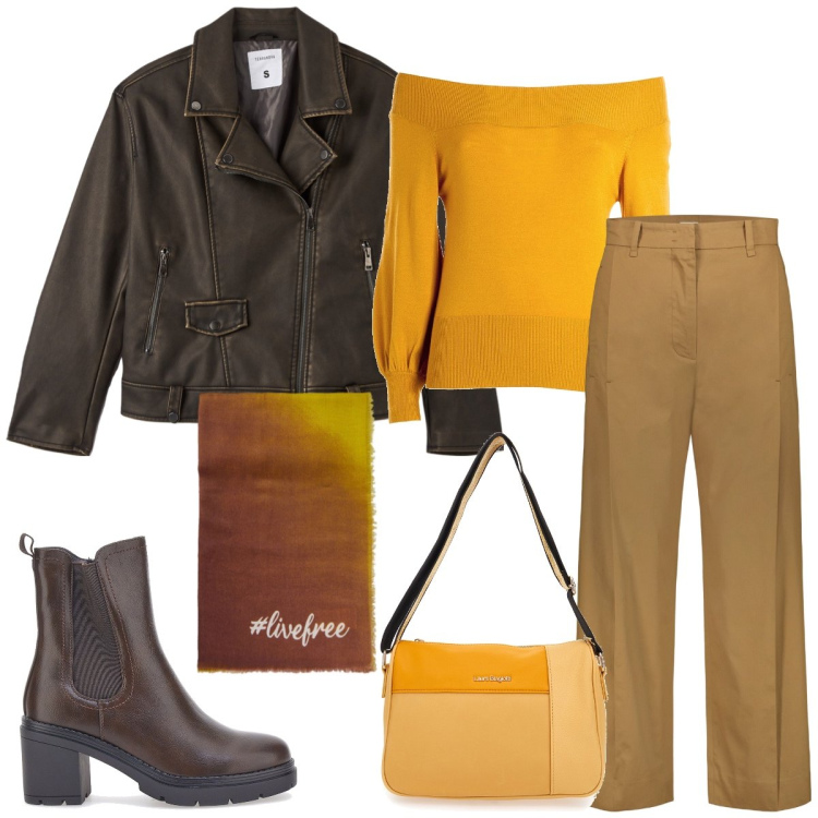 Outfit donna - Total look #1981973. Stile Casual chic per Tutti i giorni. Abbinamento con giacche, maglieria, stivaletti chelsea, pantaloni, borse a tracolla, foulard.