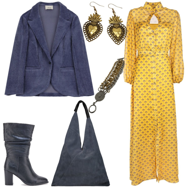 Outfit donna - Total look #1981977. Stile Boho per Tutti i giorni. Abbinamento con vestiti lunghi, blazer, stivali, borse a spalla, orecchini, braccialetti.