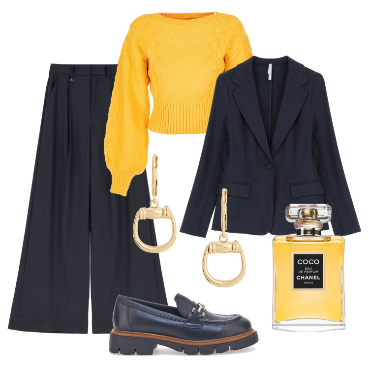 Outfit donna - Ufficio blu notte e ocra. Stile Trendy per Ufficio. Abbinamento con profumi, maglieria, blazer, pantaloni, orecchini, mocassini.