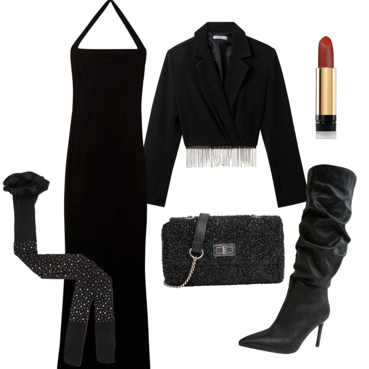 Outfit donna - Sexy Morticia - Halloween con Terranova. Stile Sexy per Serata fuori. Abbinamento con rossetti, blazer, vestiti lunghi, collant, stivali, borse a tracolla.