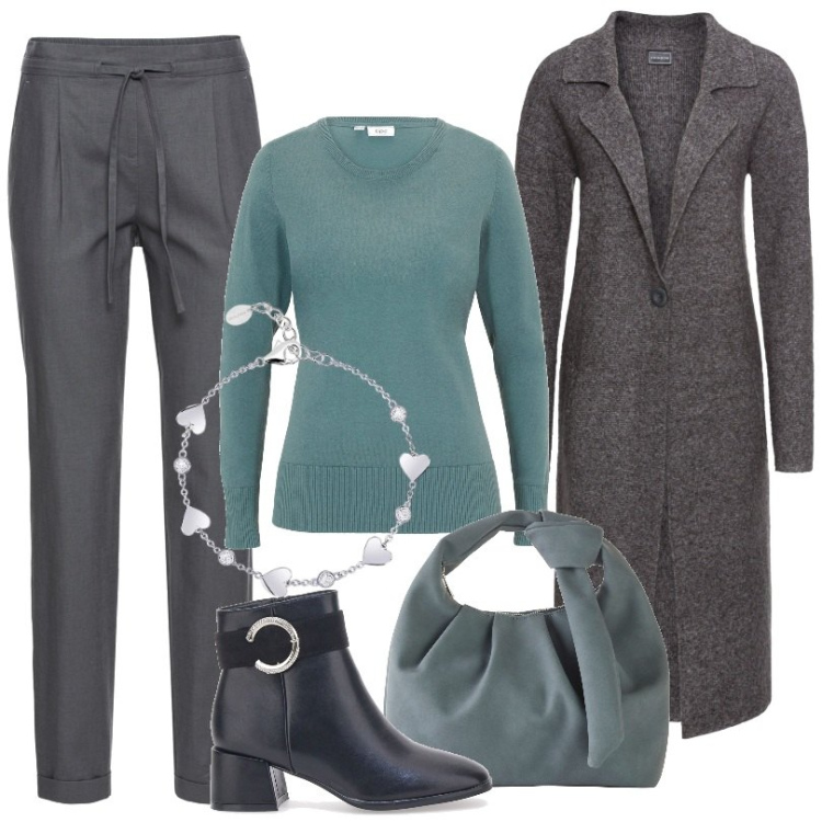 Outfit donna - Grigio verde. Stile Casual per Ufficio. Abbinamento con pantaloni, maglieria, cappotti, borse a mano, braccialetti, stivaletti.