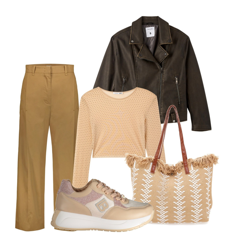 Outfit donna - Sabato. Stile Basic per Tutti i giorni. Abbinamento con maglieria, giacche, sneakers, borse a spalla, pantaloni.