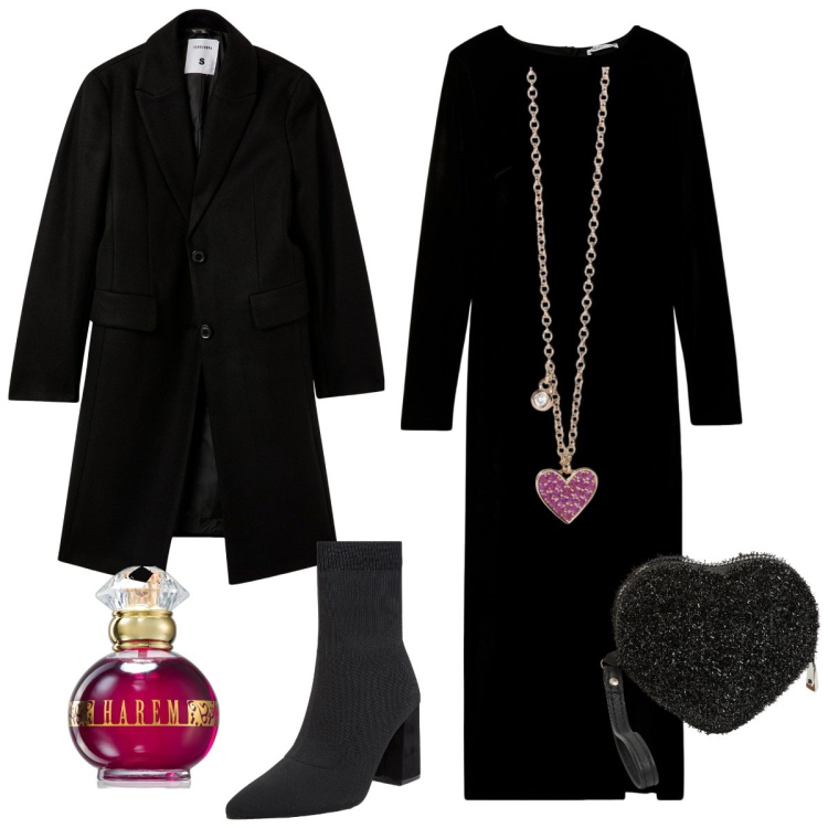 Outfit donna - Strega per una notte - Halloween time. Stile Casual chic per Serata fuori. Abbinamento con profumi, vestiti lunghi, portafogli, stivaletti, cappotti, collane.