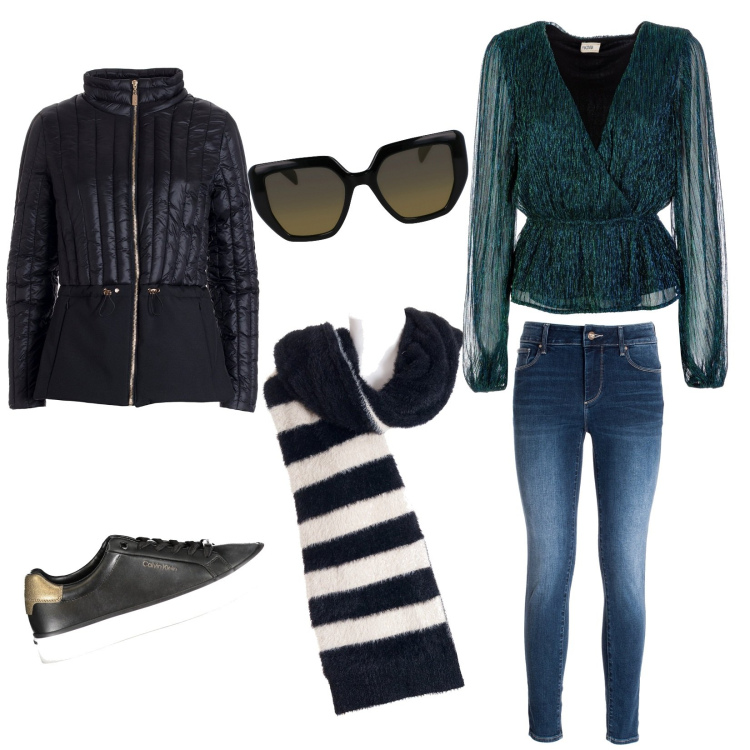 Outfit donna - Il primo freddo. Stile Casual per Scuola/Università. Abbinamento con sciarpe, piumini, jeans skinny, bluse, occhiali da sole, sneakers.