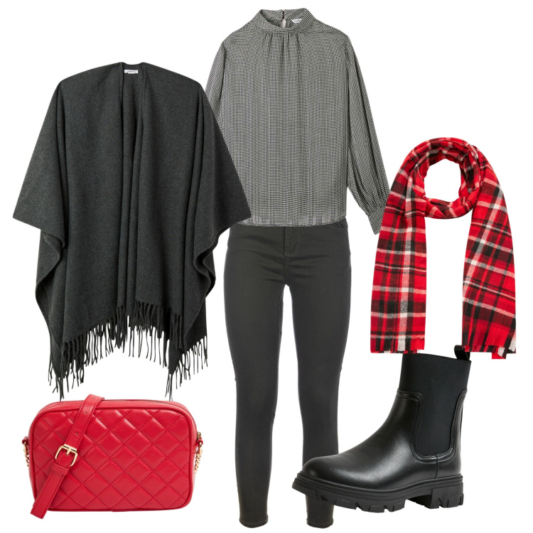 Outfit donna - Sempre di corsa. Stile Casual per Tutti i giorni. Abbinamento con cappe, bluse, stivaletti chelsea, sciarpe, borse a tracolla, jeans skinny.