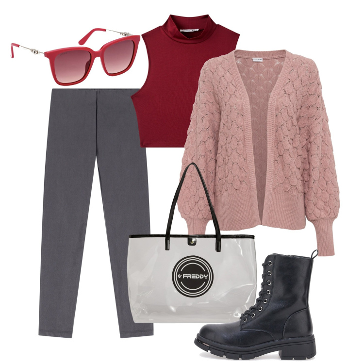 Outfit donna - Il cardigan romantico. Stile Urban per Tutti i giorni. Abbinamento con cardigans, top, pantaloni skinny, shopping bag, occhiali da sole, anfibi.