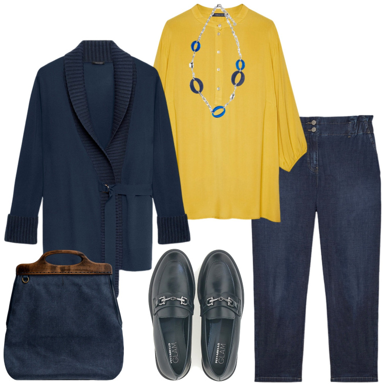 Outfit donna - Blusa ocra. Stile Casual chic per Ufficio. Abbinamento con mocassini, cardigans, jeans, bluse, borse a tracolla, ciondoli.