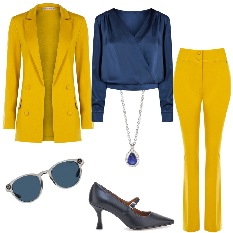 Outfit donna - Il tailleur con pantaloni ocra. Stile Casual chic per Cerimonia. Abbinamento con collane, bluse, pantaloni, blazer, occhiali da sole, décolleté.