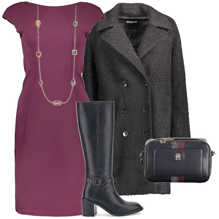 Outfit donna - Tubino e stivali. Stile Casual chic per Serata fuori. Abbinamento con collane, stivali, cappotti, vestiti, borse a tracolla.