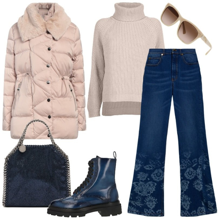 Outfit donna - Jeans vita alta. Stile Basic per Scuola/Università. Abbinamento con piumini, stivaletti, jeans a zampa, occhiali da sole, maglieria, borse a mano.