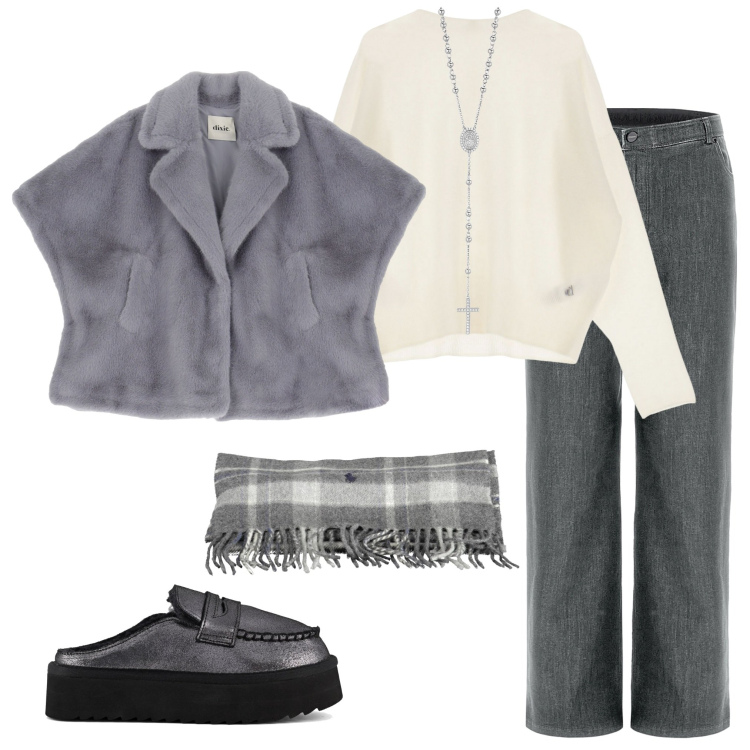 Outfit donna - Sciarpa ad ottobre. Stile Casual chic per Serata fuori. Abbinamento con collane, jeans, pullovers, blazer, mocassini, sciarpe.