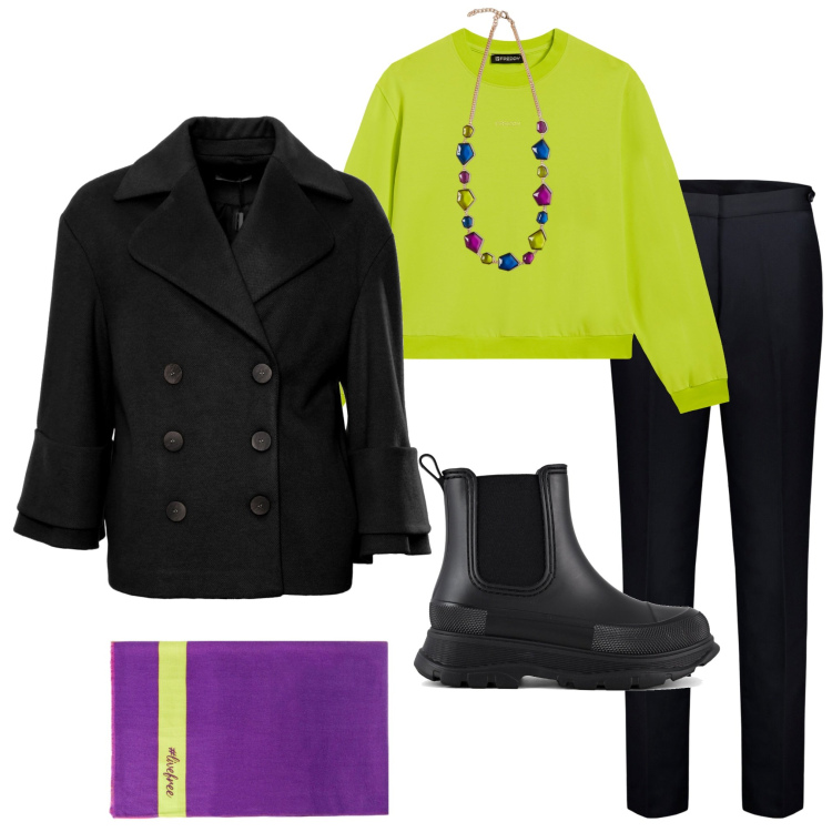 Outfit donna - Sciarpa ad ottobre. Stile Casual chic per Tutti i giorni. Abbinamento con cappotti, felpe, stivali, pantaloni, collane, sciarpe.