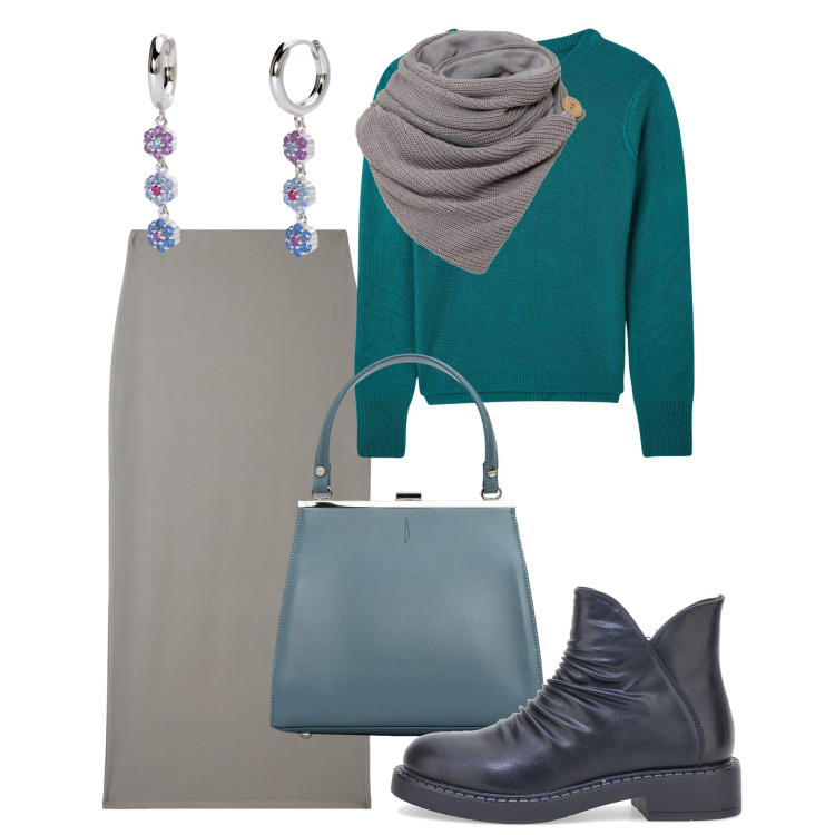 Outfit donna - Tubino fango. Stile Bon Ton per Ufficio. Abbinamento con foulard, maglieria, gonne lunghe, orecchini, stivaletti, clutch.