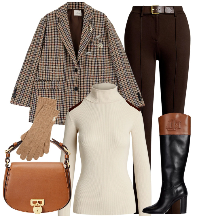 Outfit donna - English style. Stile Chic per Tutti i giorni. Abbinamento con blazer, guanti, maglieria, pantaloni, borse a tracolla, stivali.