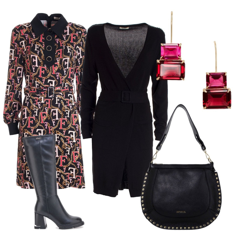 Outfit donna - Vestito e stivali. Stile Casual per Tutti i giorni. Abbinamento con cardigans, vestiti, borse a spalla, orecchini, stivali.