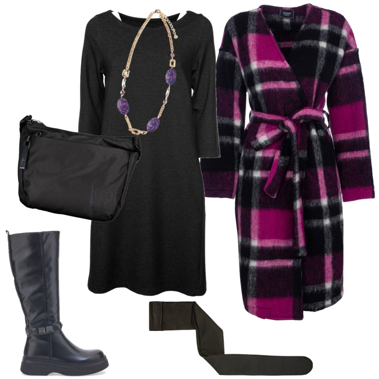 Outfit donna - Stivali senza tacco con l\'abito in denim. Stile Trendy per Tutti i giorni. Abbinamento con collant, cappotti, stivali sopra il ginocchio, borse a tracolla, vestiti corti, ciondoli.