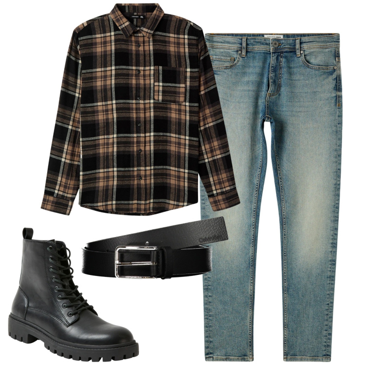 Outfit uomo - La camicia a quadri in flanella. Stile Urban per Tutti i giorni. Abbinamento con camicie, jeans skinny, anfibi, cinture.