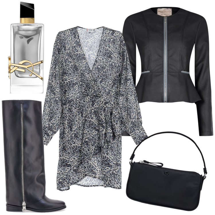 Outfit donna - Total look #1982114. Stile Glamour per Serata fuori. Abbinamento con profumi, vestiti corti, blazer, pochette, stivali.