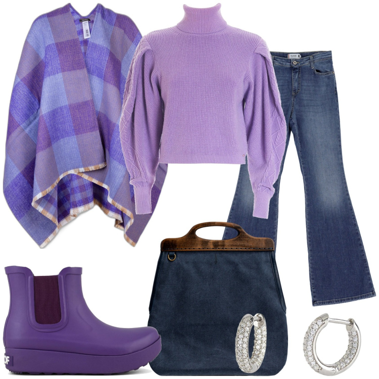 Outfit donna - Giornata di freddo. Stile Casual chic per Tutti i giorni. Abbinamento con orecchini, maglieria, cappe, jeans, stivali, borse a tracolla.